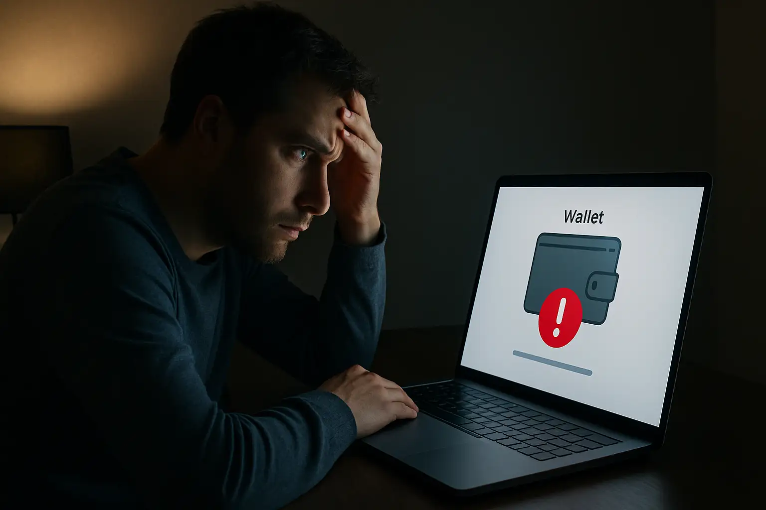 Person looking worried at a laptop screen displaying a cryptocurrency wallet with a warning symbol