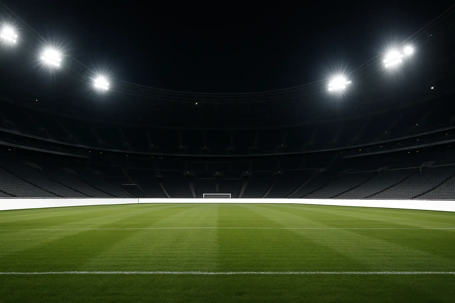 Empty stadium advertising boards with faded crypto brand placeholders under bright floodlights