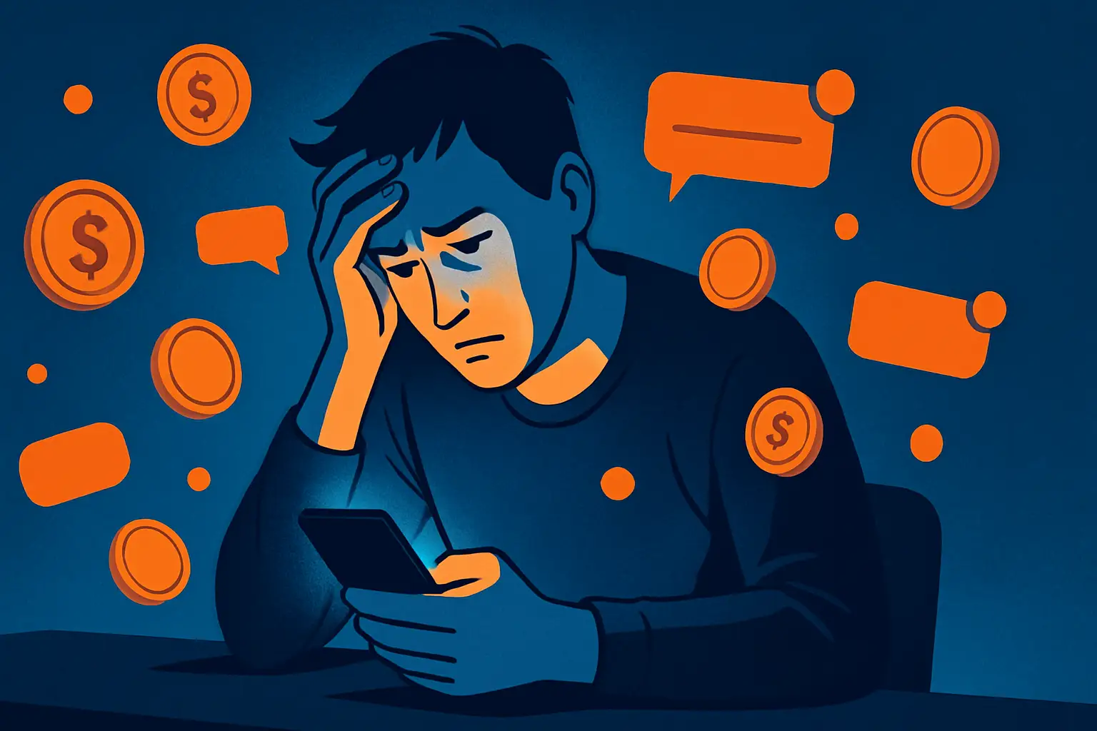Frustrated person scrolling through a cluttered social media feed filled with crypto promotion icons