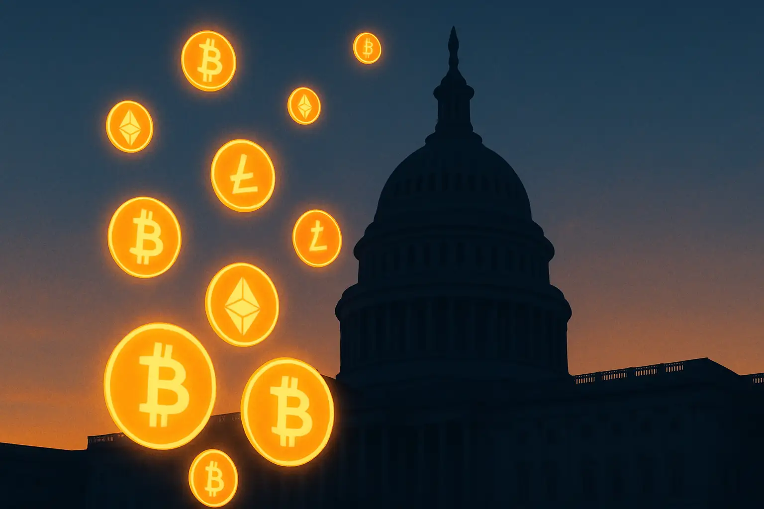 Illustration of digital currency symbols rising alongside a government building silhouette