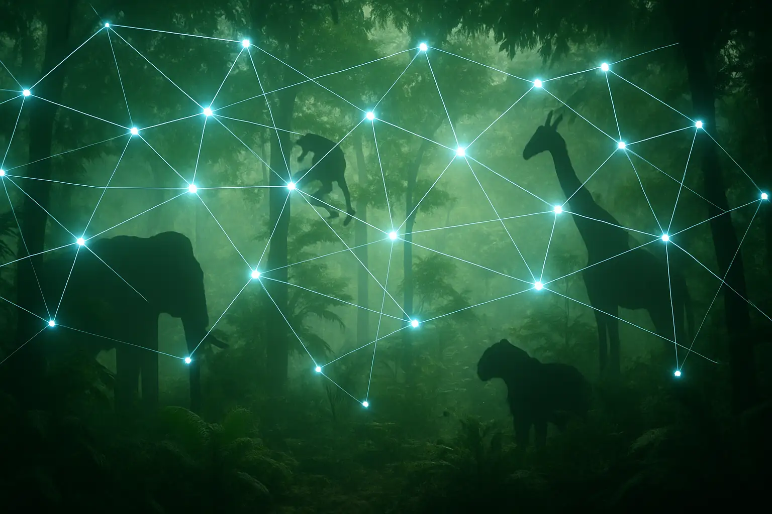 Digital blockchain network overlaid on a wildlife conservation scene in a forest