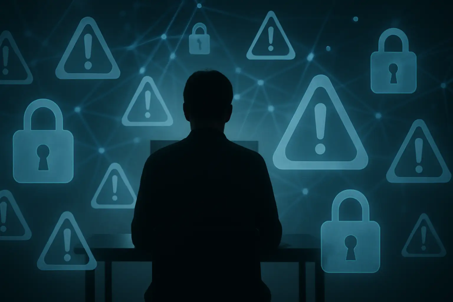 A person at a computer surrounded by digital lock icons and warning symbols representing cybersecurity risk