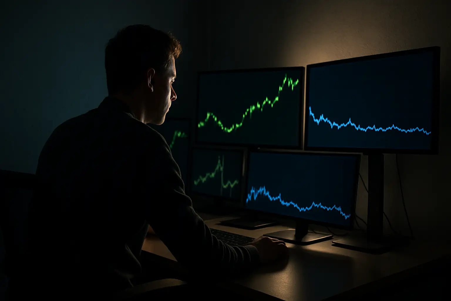 A trader watching two screens showing stock and crypto price charts with diverging momentum