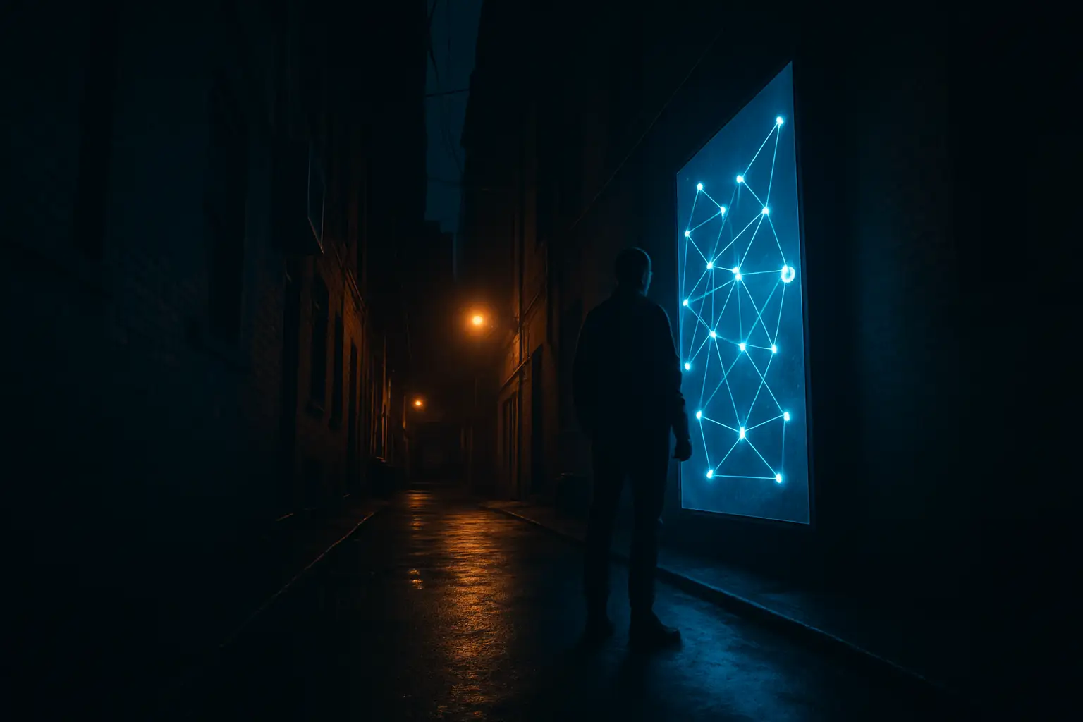 A dark urban street scene at night with a shadowy figure and glowing cryptocurrency symbols in the background