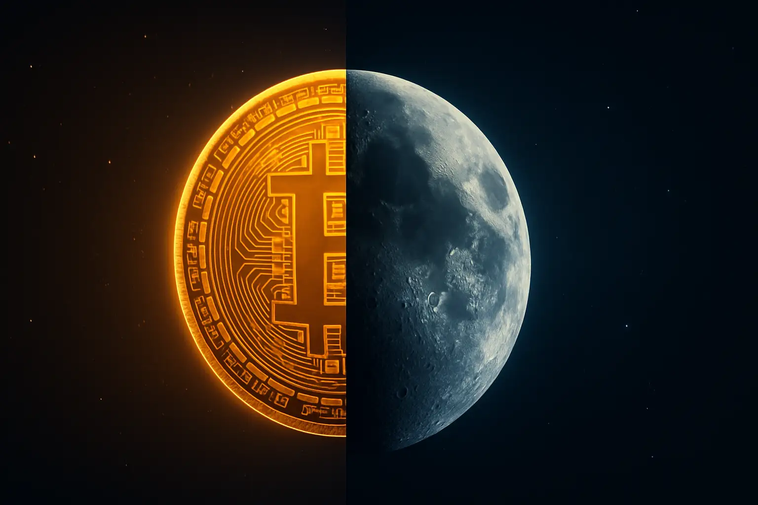 A split-scene illustration showing a cryptocurrency coin on one side and the Moon on the other against a dark financial background