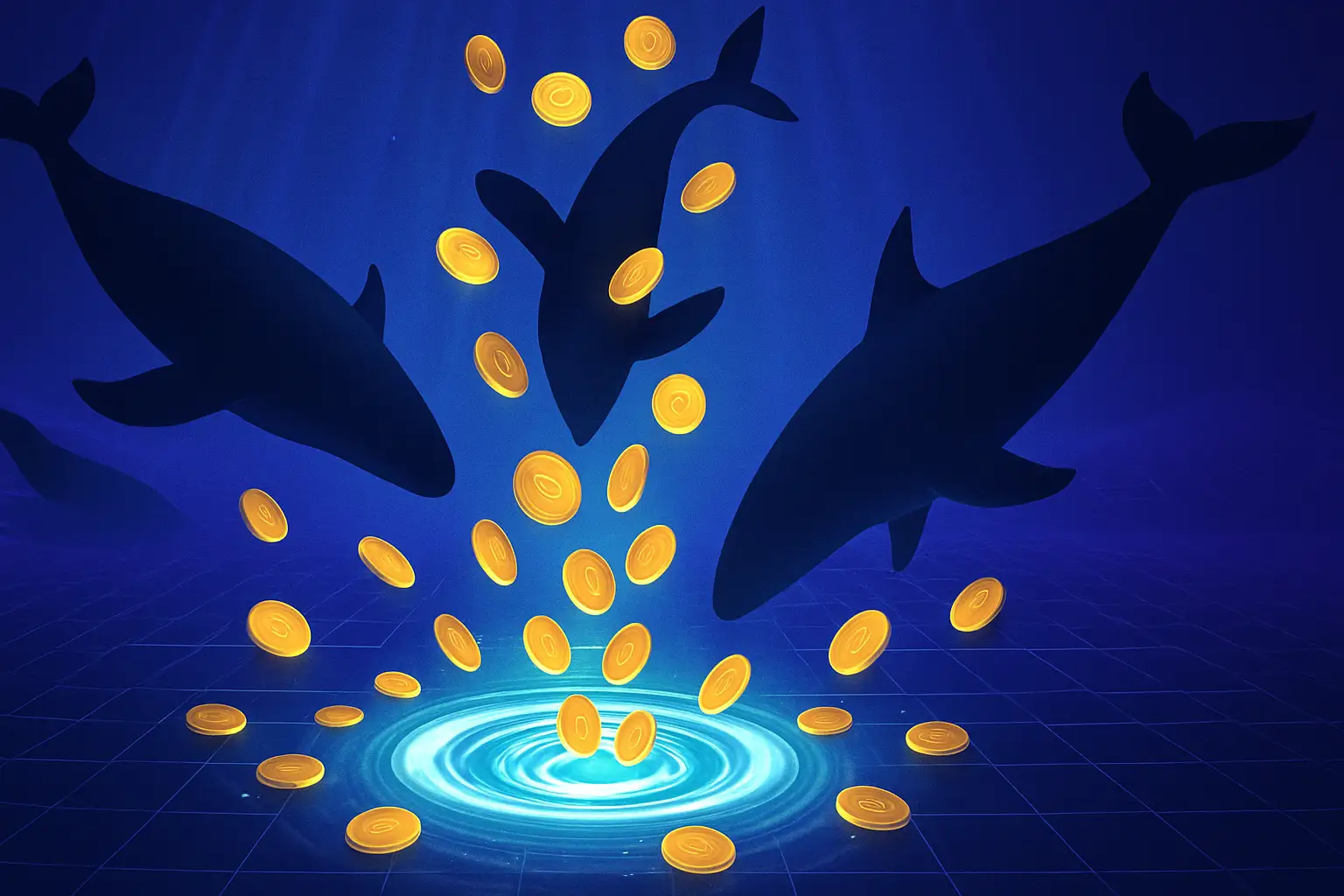 Digital illustration of large crypto whale figures moving coins toward a glowing blockchain staking pool