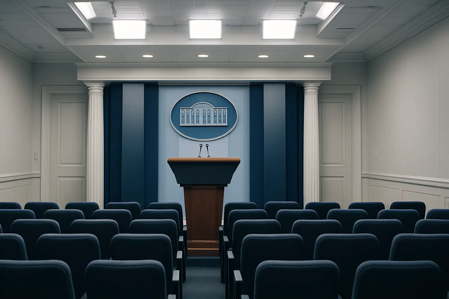 White House press briefing room with podium lit under bright lights, empty chairs in the foreground