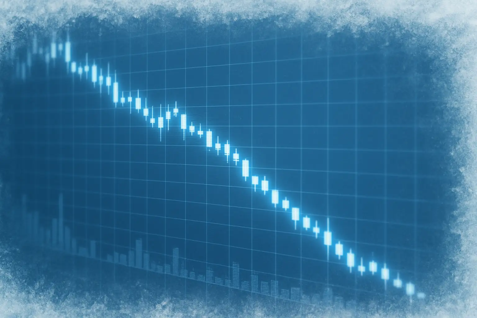 Abstract visualization of falling cryptocurrency prices with a cold blue winter color palette