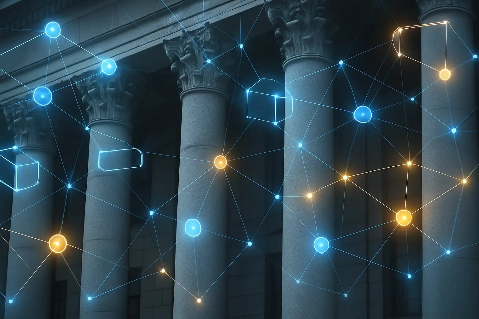 Courthouse columns with digital blockchain network overlay representing crypto securities legal appeal