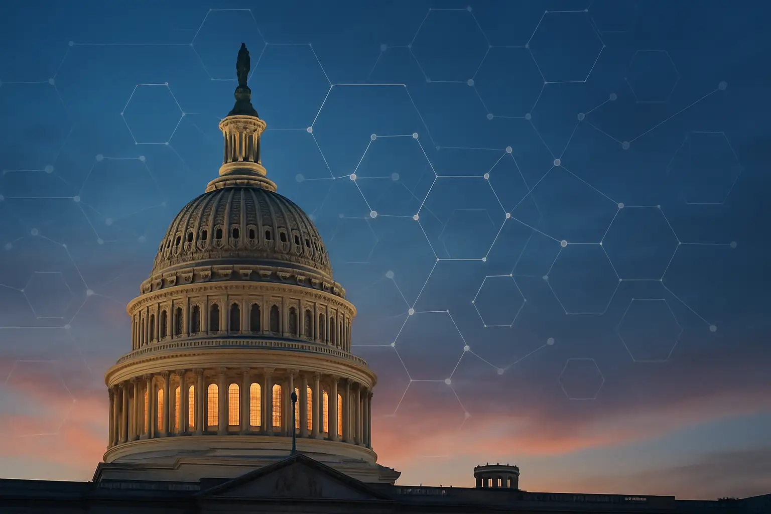 Capitol building with digital blockchain network overlay representing crypto legislation debate