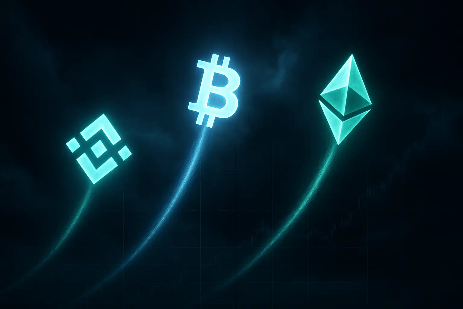 Glowing crypto token symbols rising against a dark financial market background