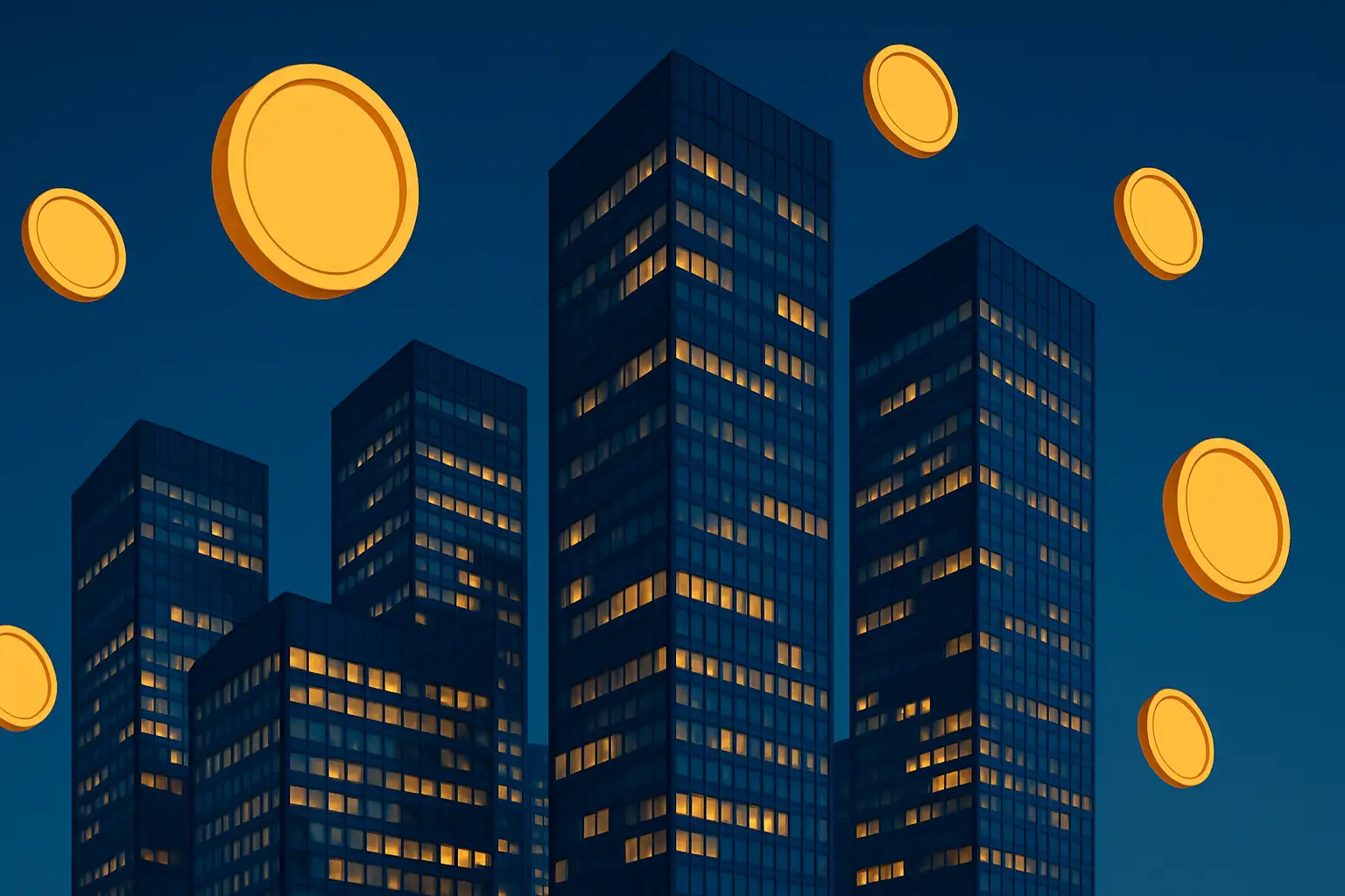 Abstract representation of corporate buildings surrounded by glowing cryptocurrency coin symbols