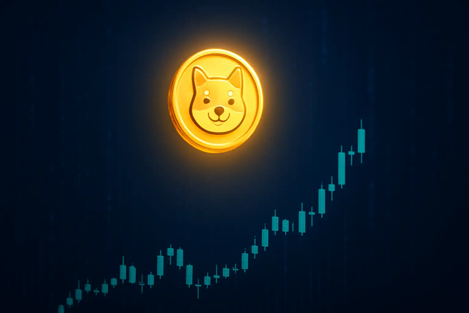 Dogecoin symbol rising above a stock market chart with green upward momentum