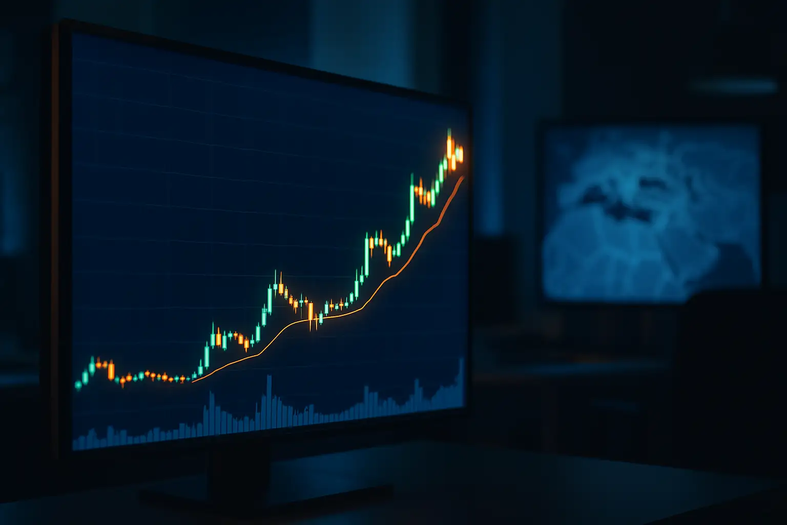 Digital asset price chart glowing on a screen against a dark background suggesting global tension