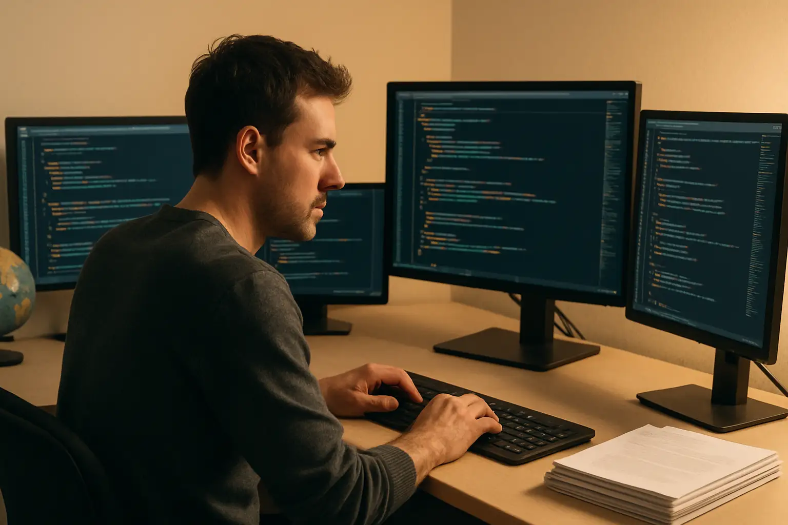 A developer working on code at a desk with a globe and legal documents nearby, representing crypto regulation decisions