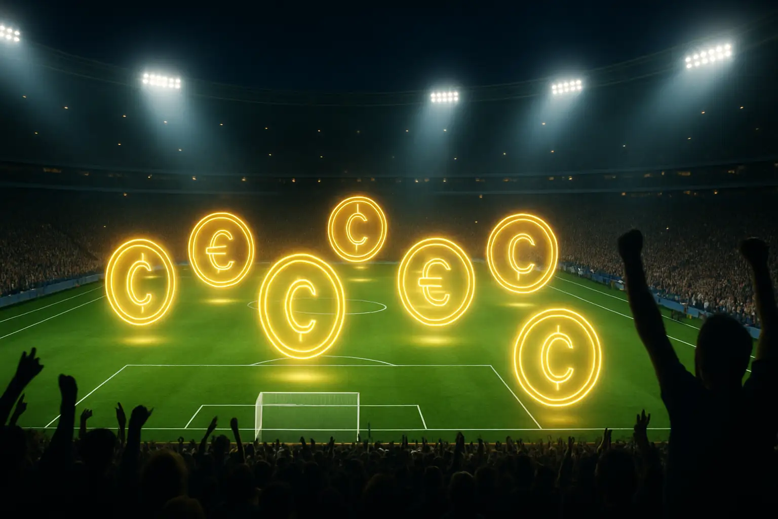 Football stadium crowd lit up at night with digital token icons floating above the pitch