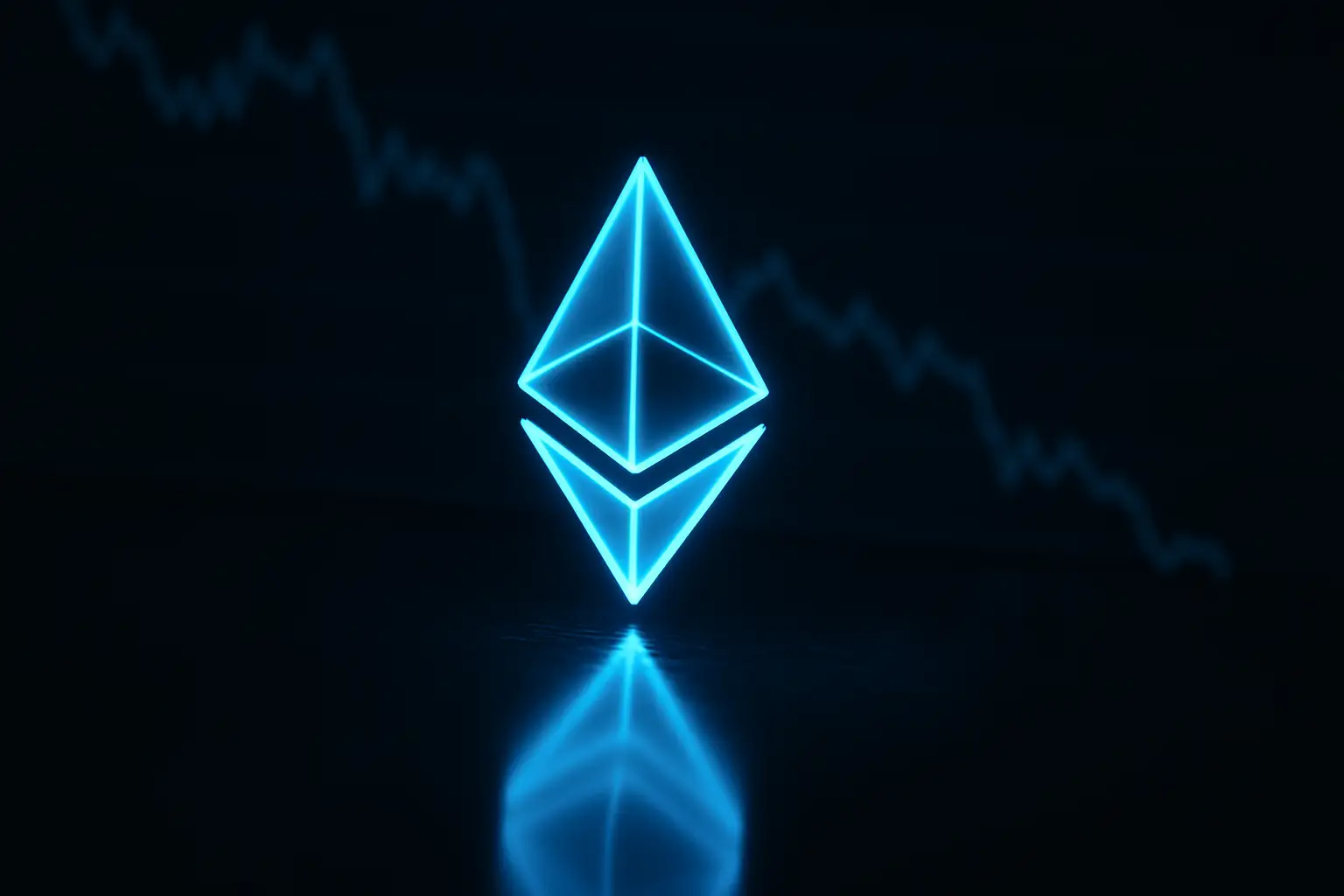 Ethereum logo glowing on a digital trading screen showing a downward price chart