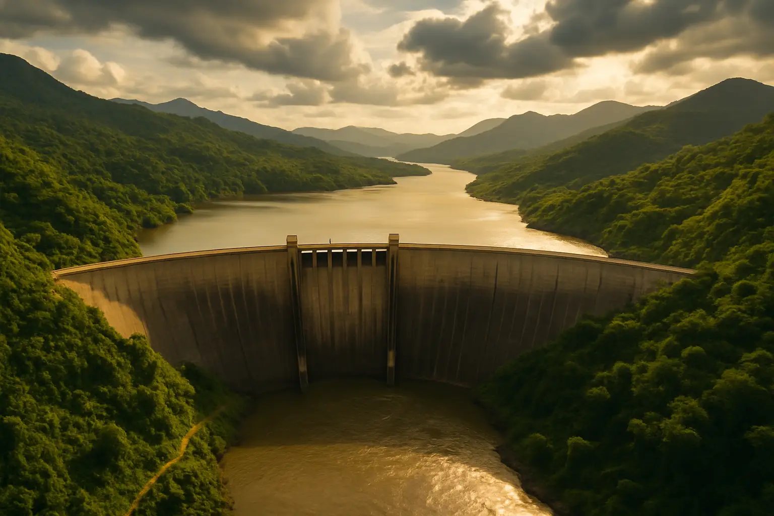 Aerial view of a large hydroelectric dam surrounded by green hills in Ethiopia