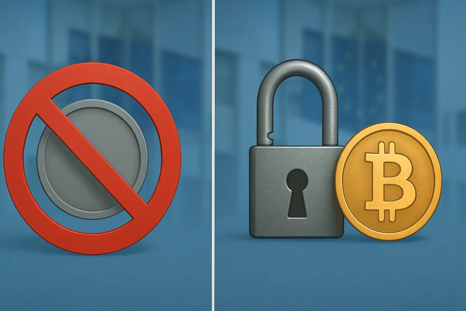 Abstract visualization of a blocked privacy coin symbol next to a Bitcoin logo with EU regulatory imagery