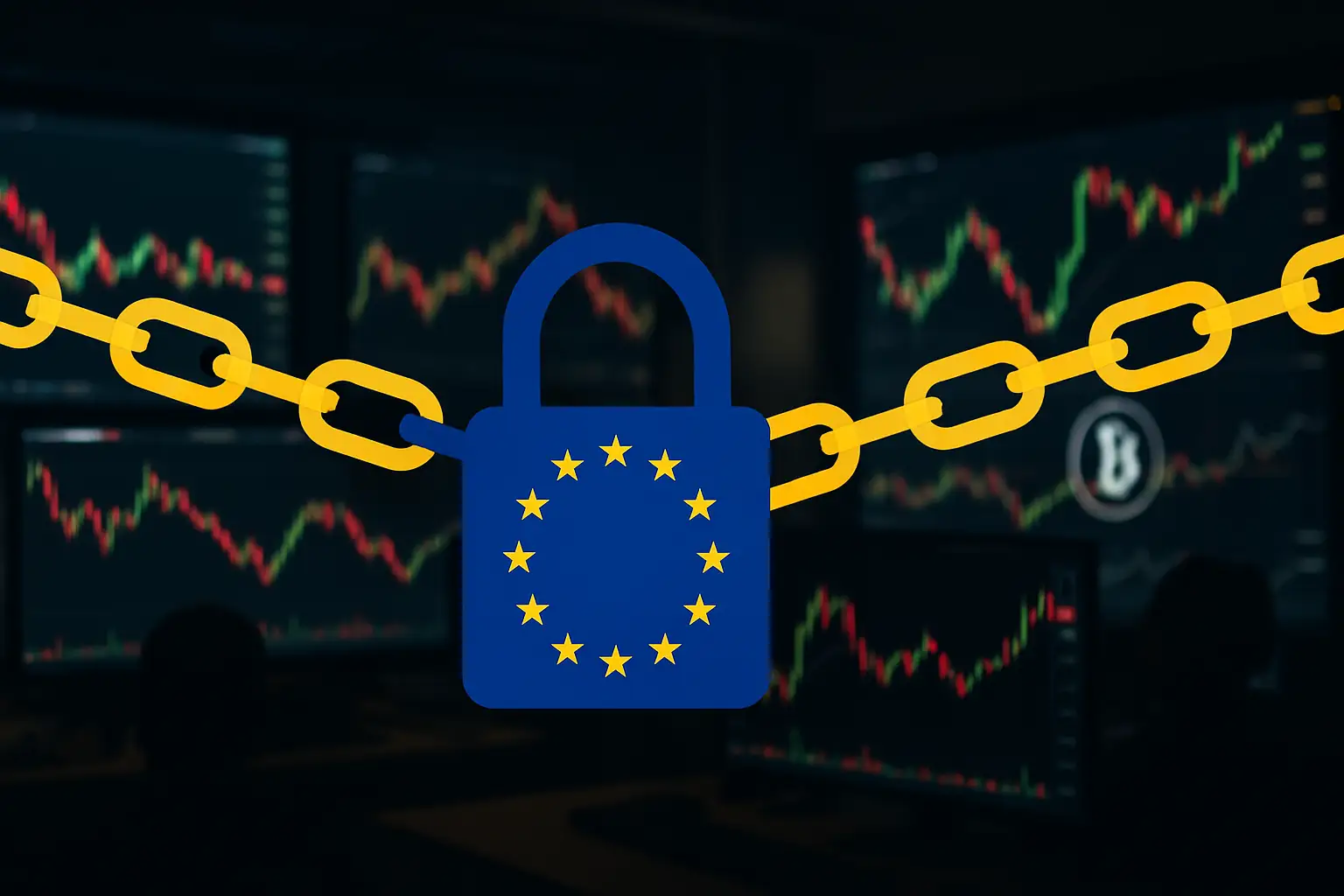Digital representation of a crypto exchange being blocked by a regulatory barrier with European symbols