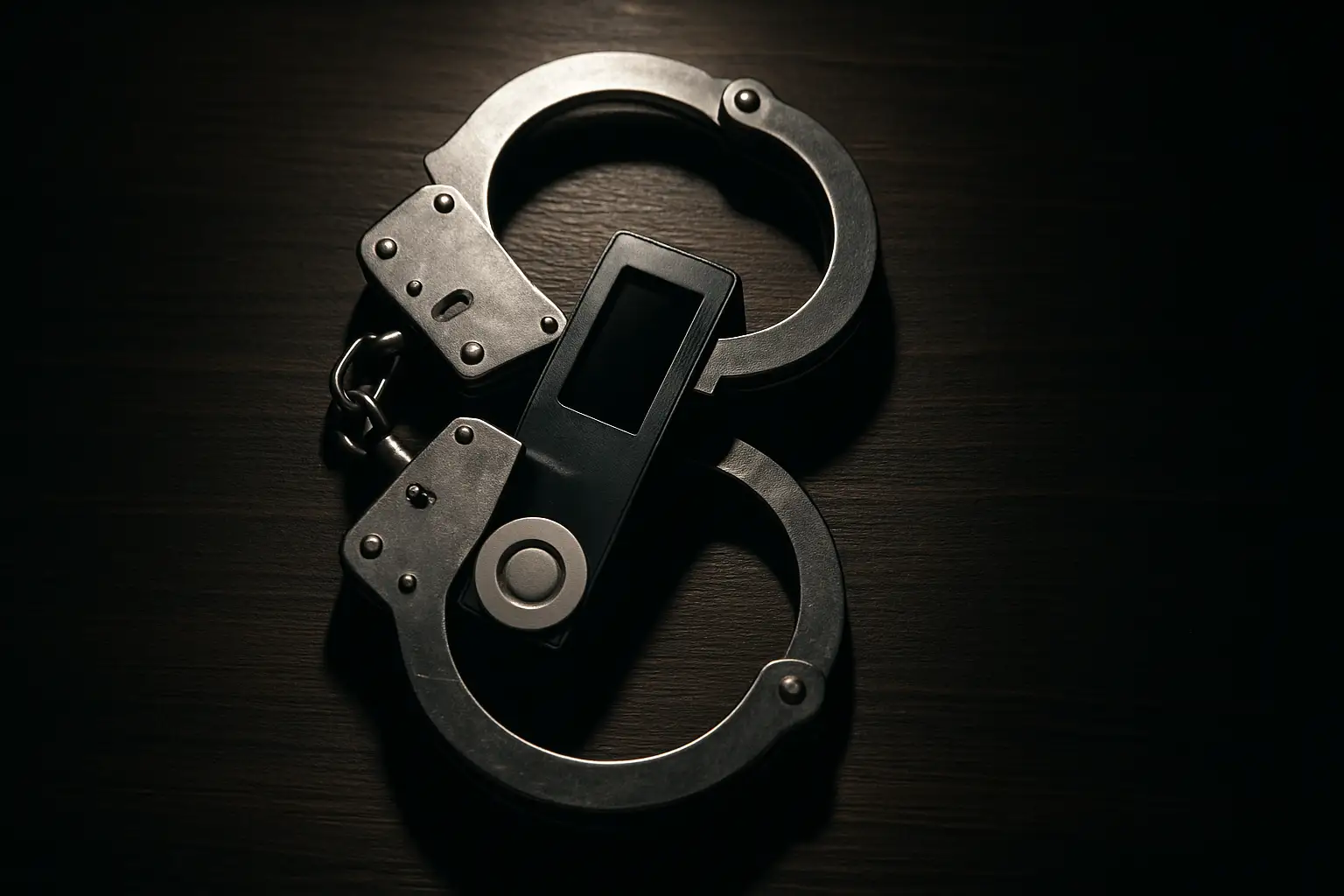 Handcuffs resting on top of a hardware cryptocurrency wallet on a dark wooden table