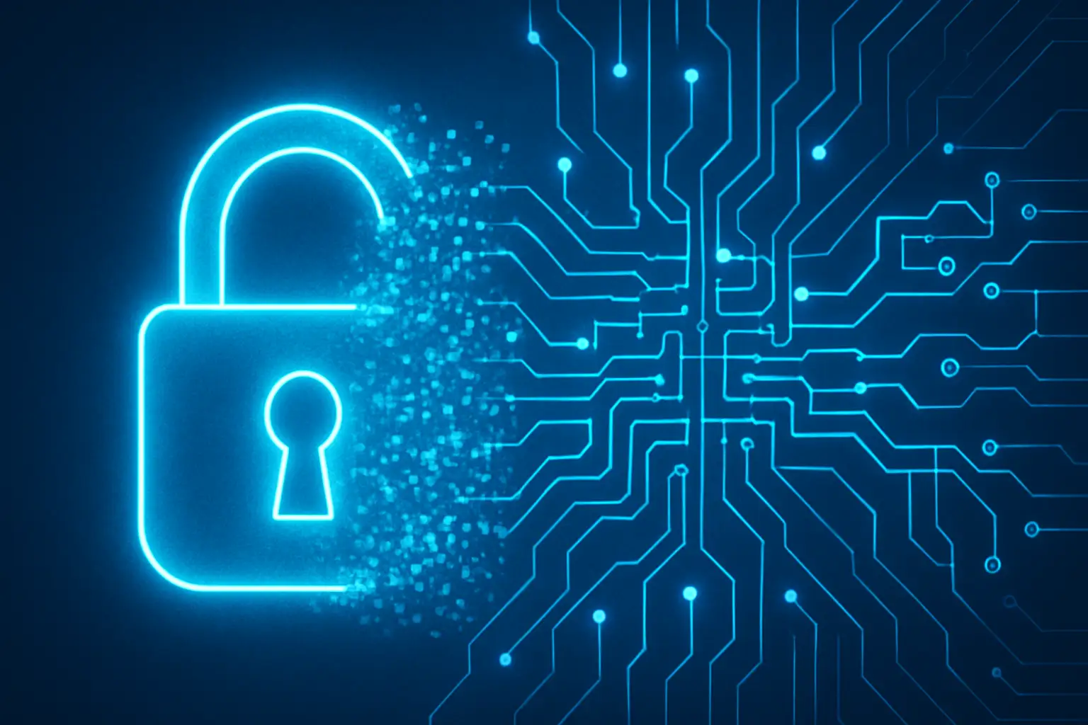 Abstract visualization of encrypted data streams with quantum computing circuit patterns in the background