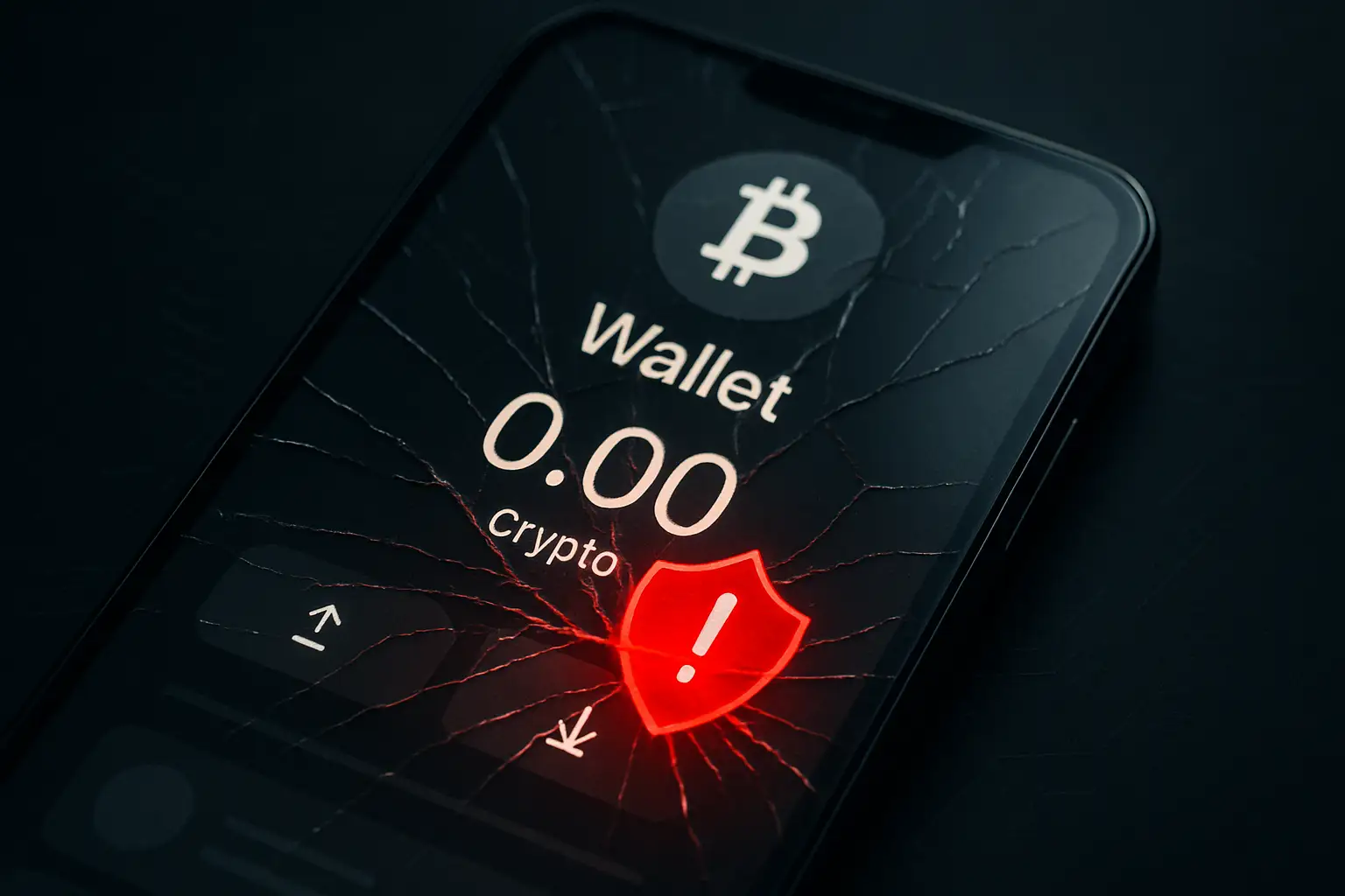 A smartphone showing a suspicious cryptocurrency app with a warning symbol overlay