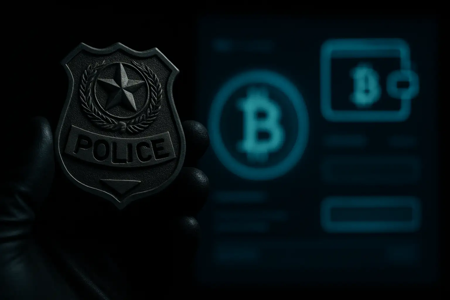 A shadowy figure holding a fake police badge in front of a glowing cryptocurrency wallet interface