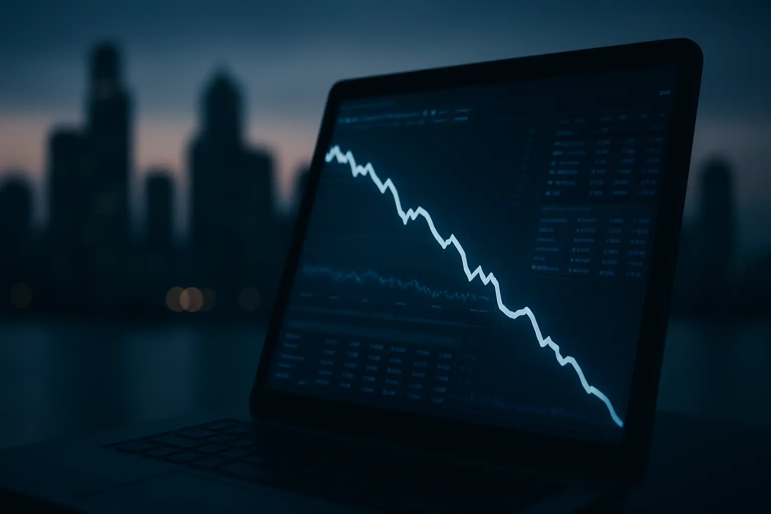 Abstract visualization of a crypto trading platform with declining graph lines and a city skyline in the background