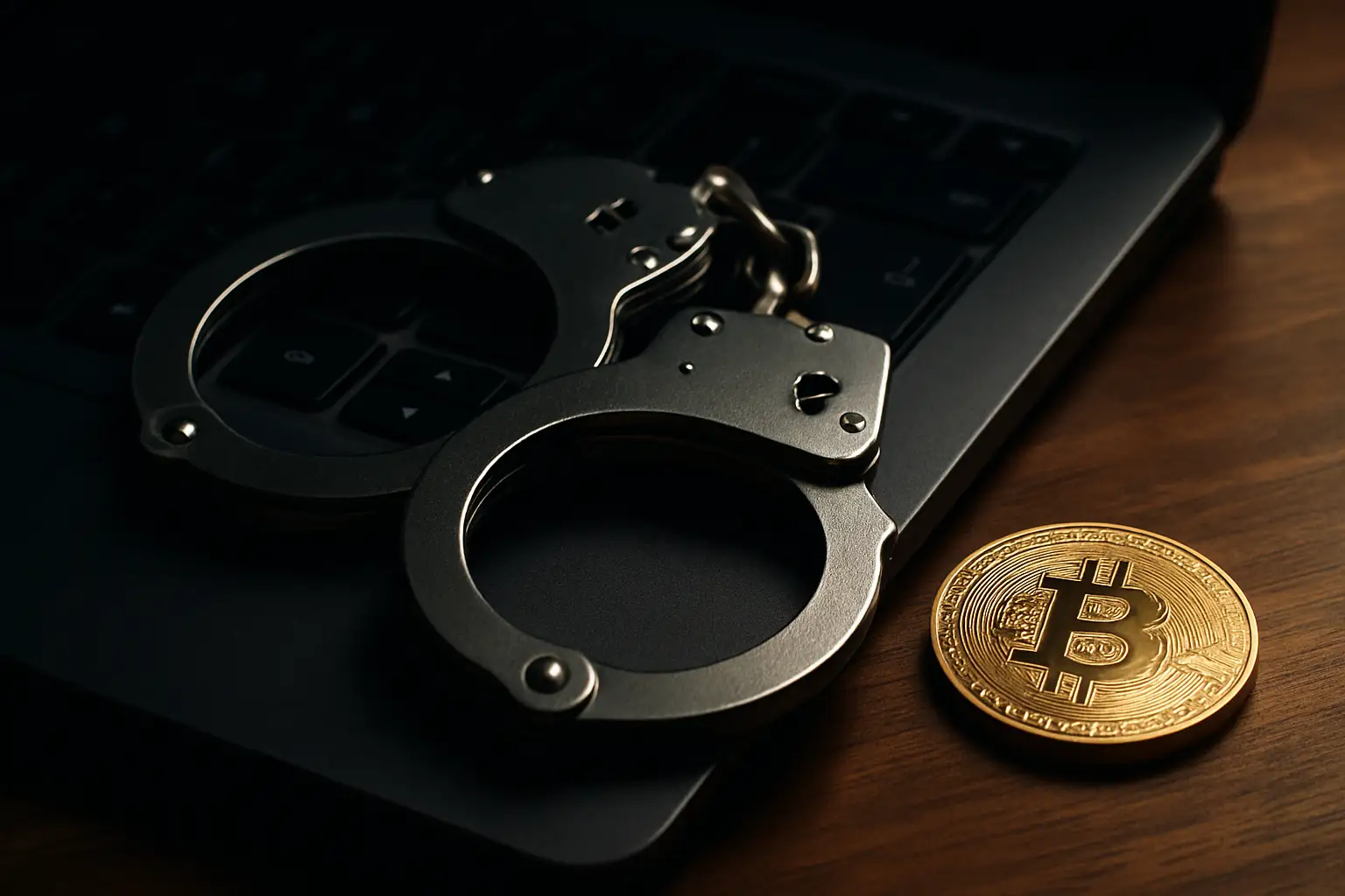 Handcuffs resting on a laptop keyboard next to a cryptocurrency coin