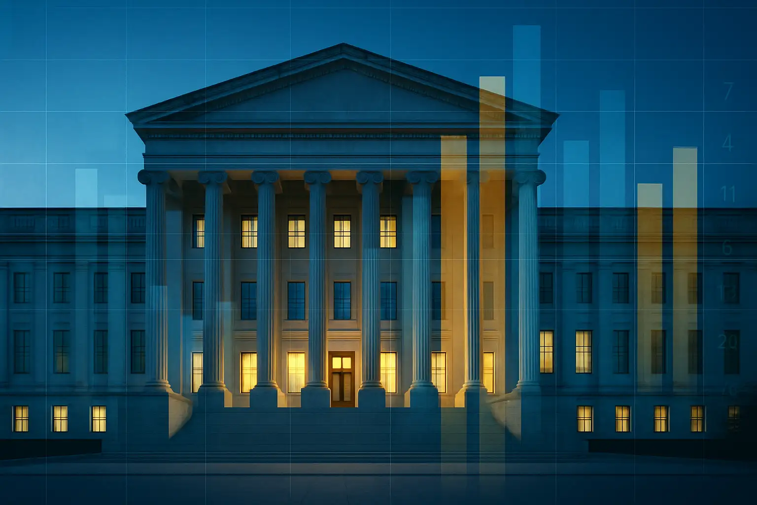 Federal Reserve building with financial chart overlay and abstract market data visualization