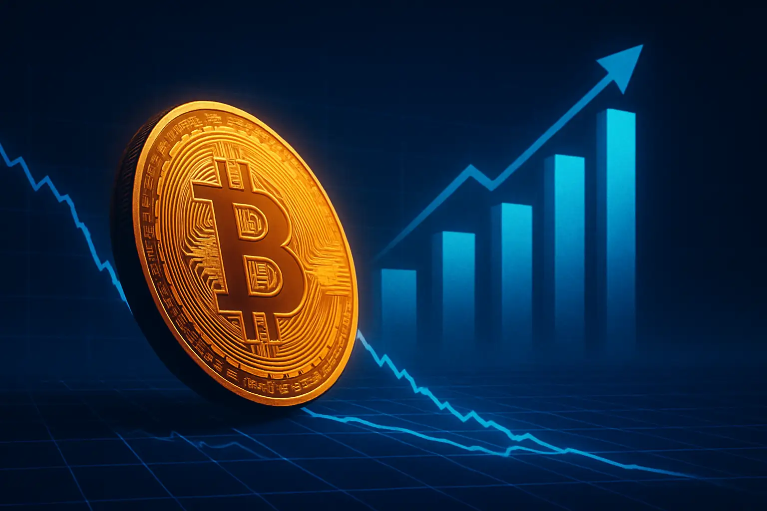 Bitcoin symbol on a dark background with a declining price chart and a central bank building in the distance