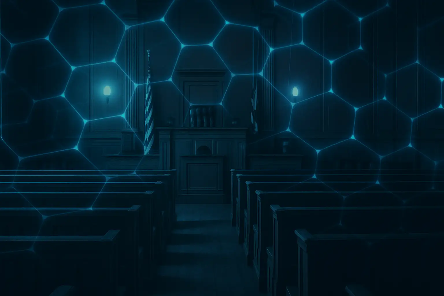 Courtroom scene with digital currency symbols on a screen in the background
