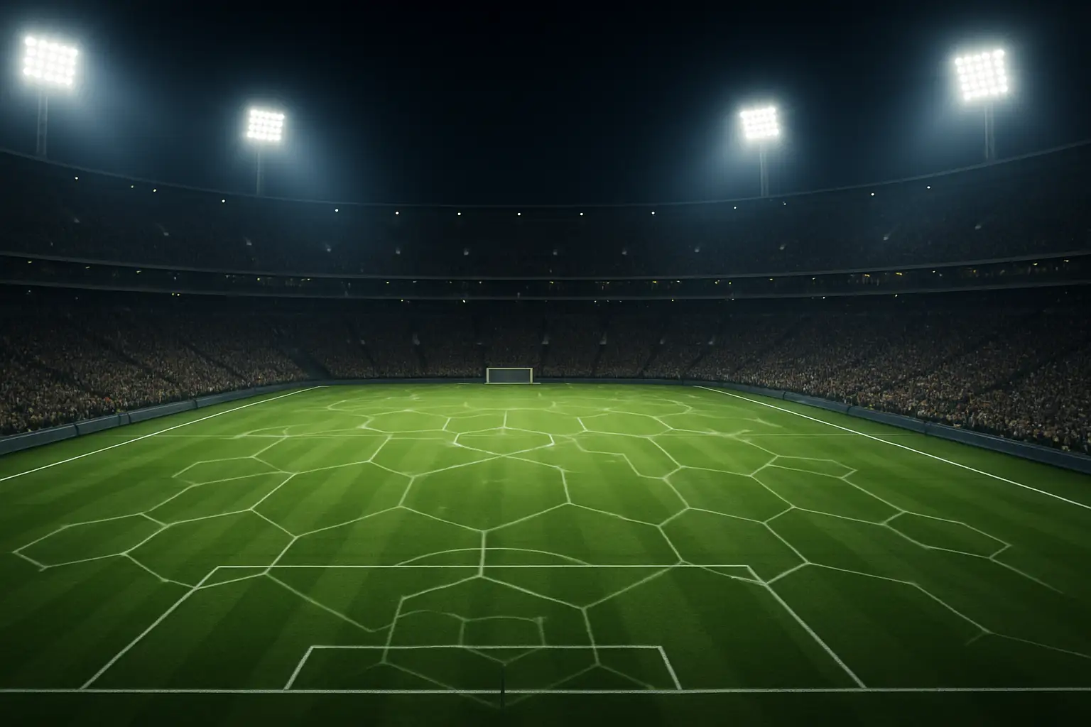 A football stadium at night with digital blockchain graphics overlaid on the pitch