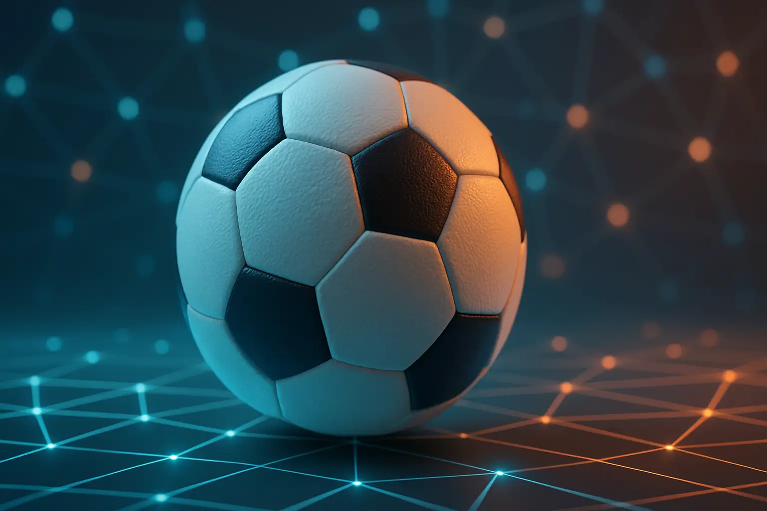 A soccer ball resting on a digital surface with glowing blockchain network patterns