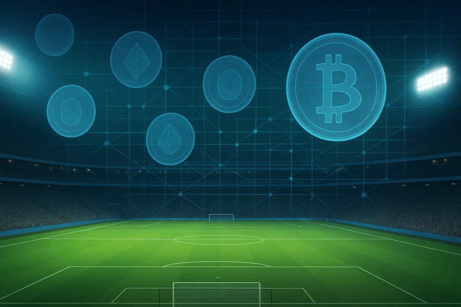 A football stadium lit up at night with glowing cryptocurrency symbols floating above the pitch