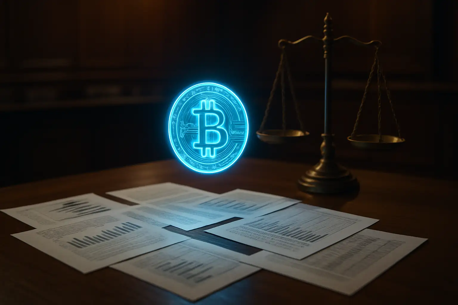 Abstract representation of a cryptocurrency token surrounded by legal and financial symbols