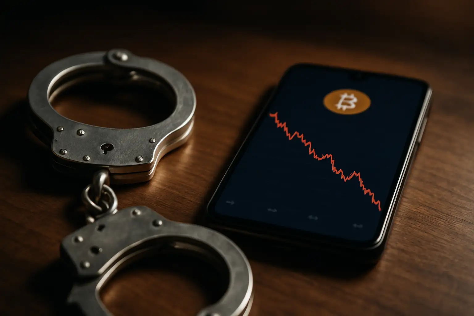 Handcuffs resting next to a smartphone displaying a cryptocurrency chart