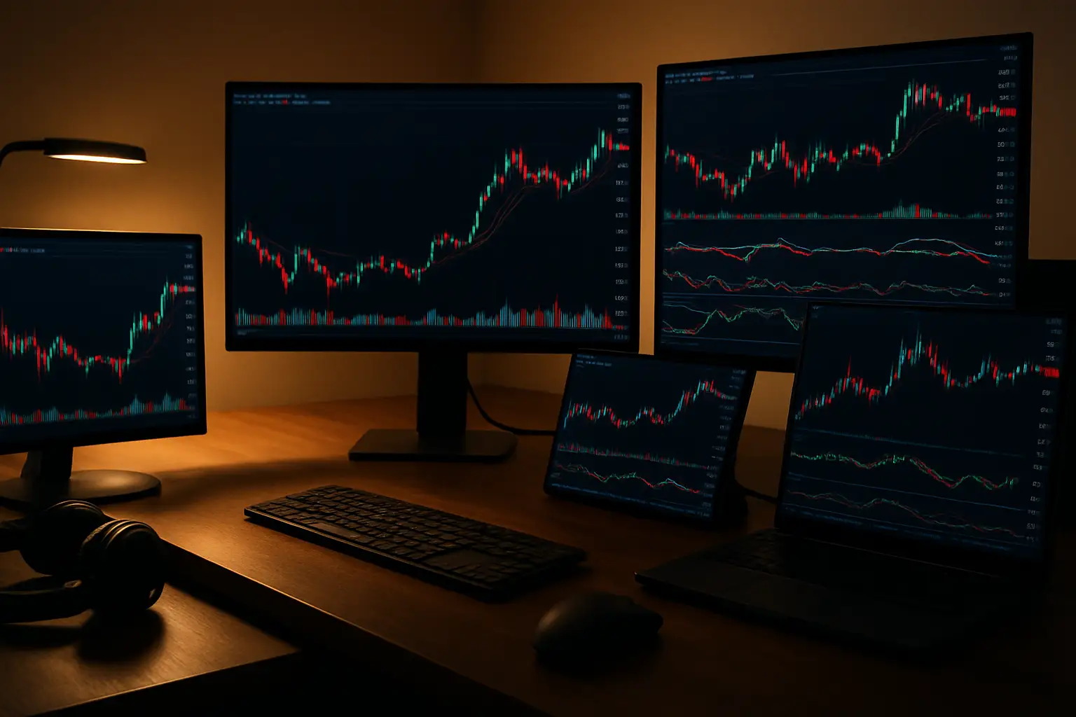 A glowing cryptocurrency symbol on a digital financial news screen in a modern trading environment