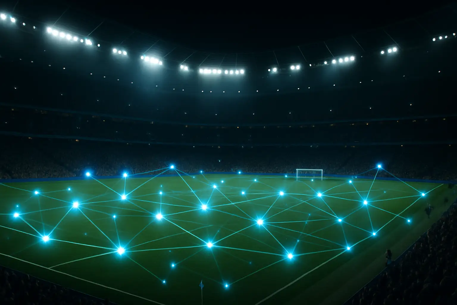 A football stadium glowing at night with digital blockchain network patterns overlaid on the pitch