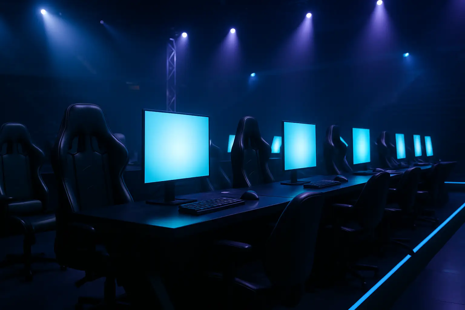 A darkened esports arena stage with empty gaming chairs and glowing monitors, symbolizing a team on pause