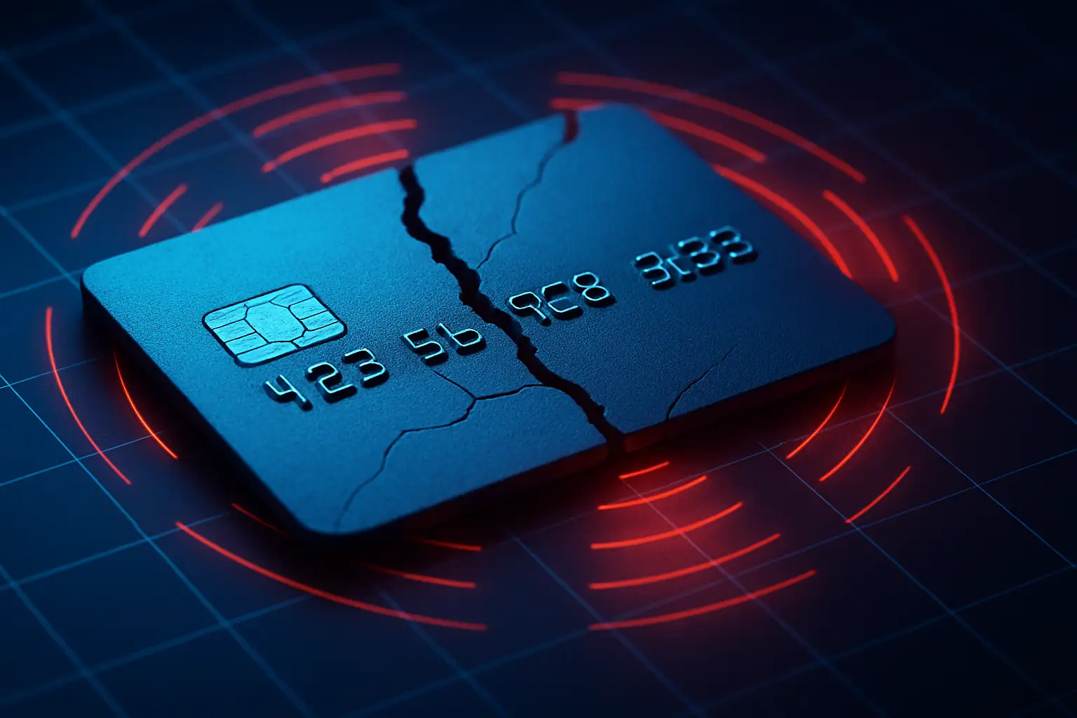 Abstract illustration of a cracked credit card overlaid on a digital crypto exchange interface with warning signals