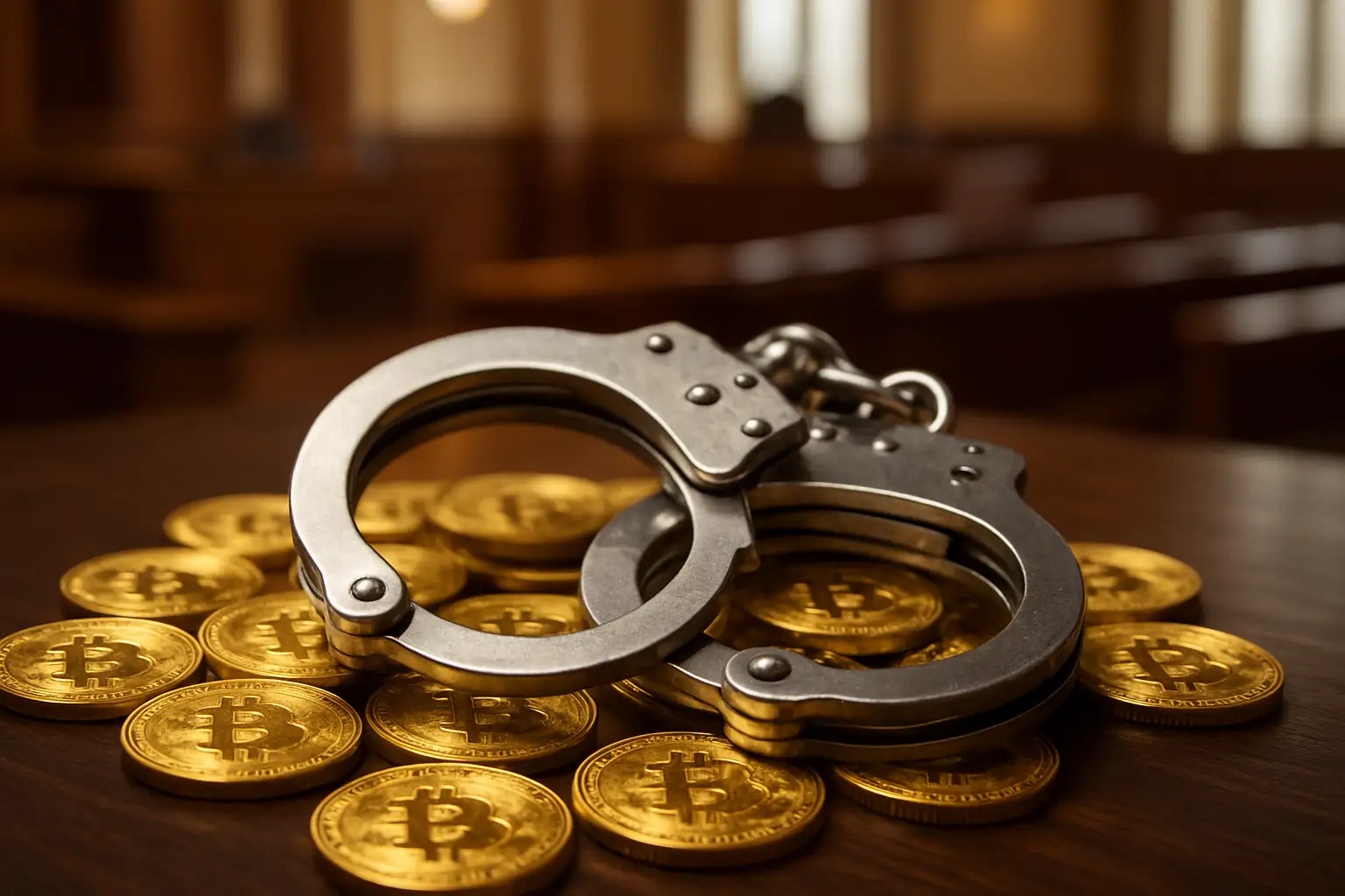 Handcuffs resting on a pile of gold crypto coins with a courtroom background