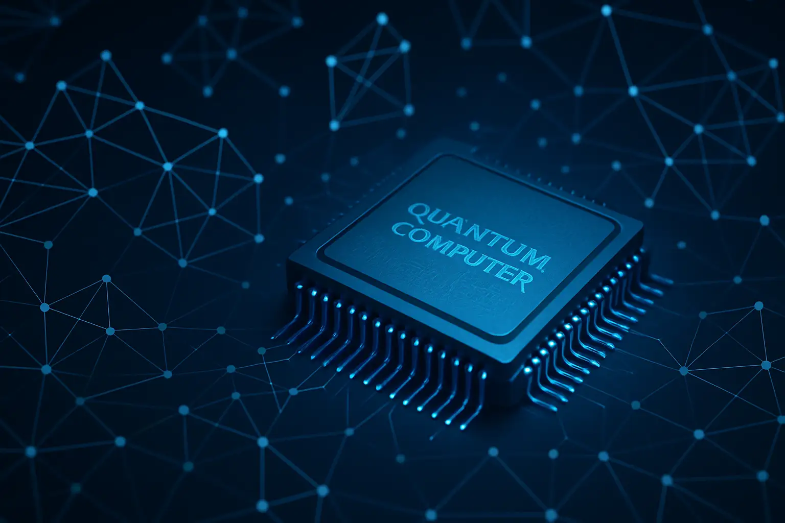 A glowing quantum computer processor surrounded by digital encryption symbols and blockchain network nodes