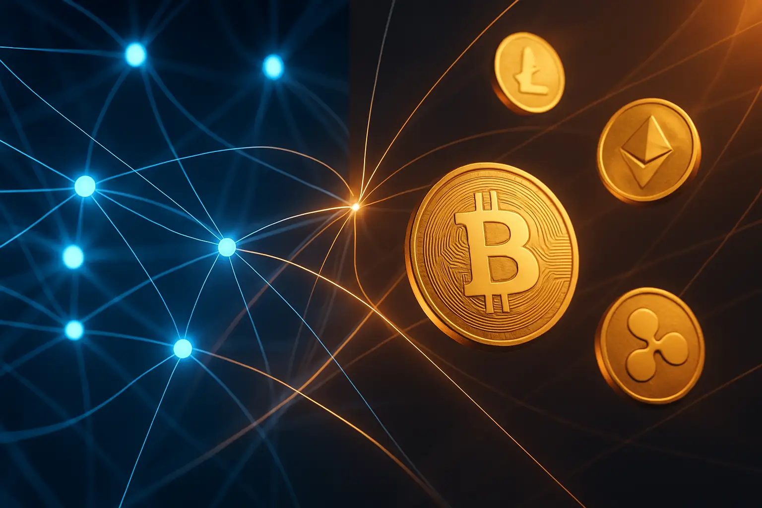 Abstract illustration of AI and cryptocurrency symbols overlapping in a digital space
