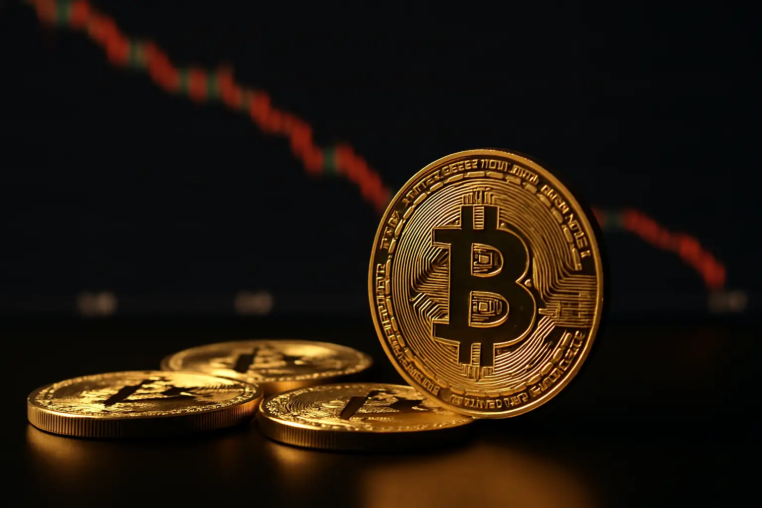 A stack of gold Bitcoin coins on a dark surface with a downward price chart in the background
