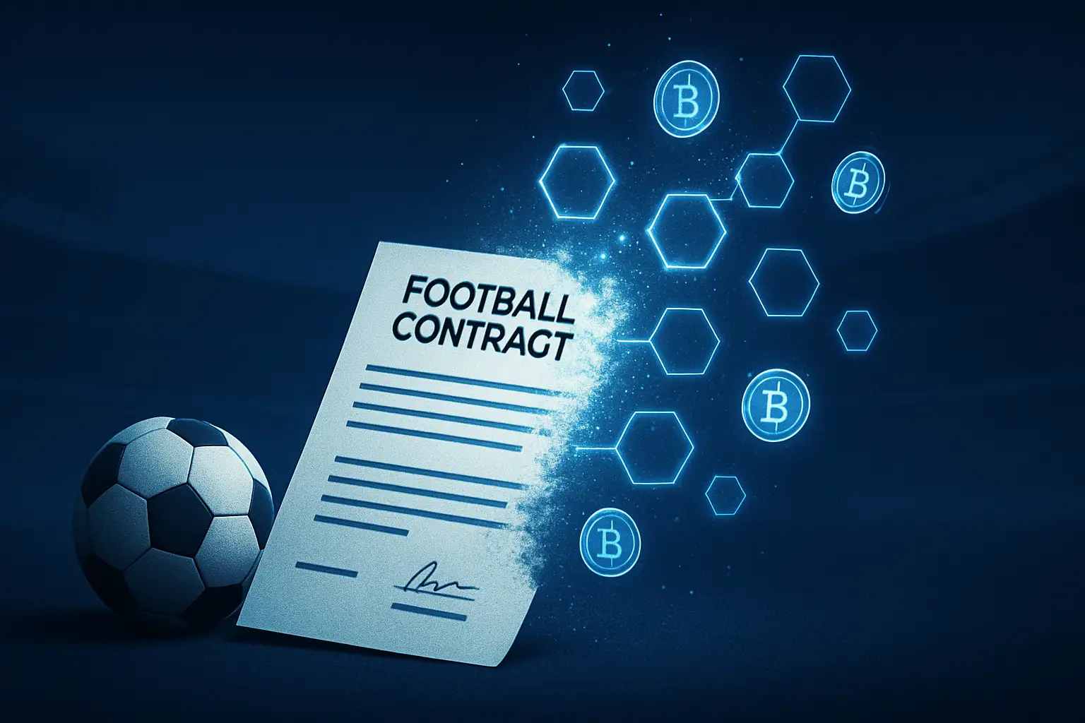 A digital visualization of a football transfer document overlaid with blockchain network nodes and token symbols
