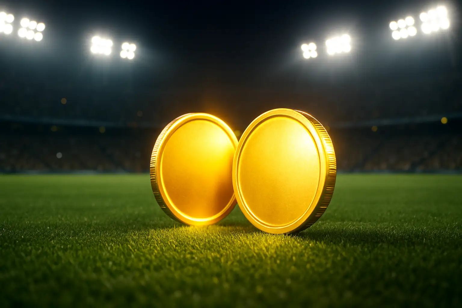 Two glowing digital tokens on a football pitch under stadium lights, representing sports meme token speculation