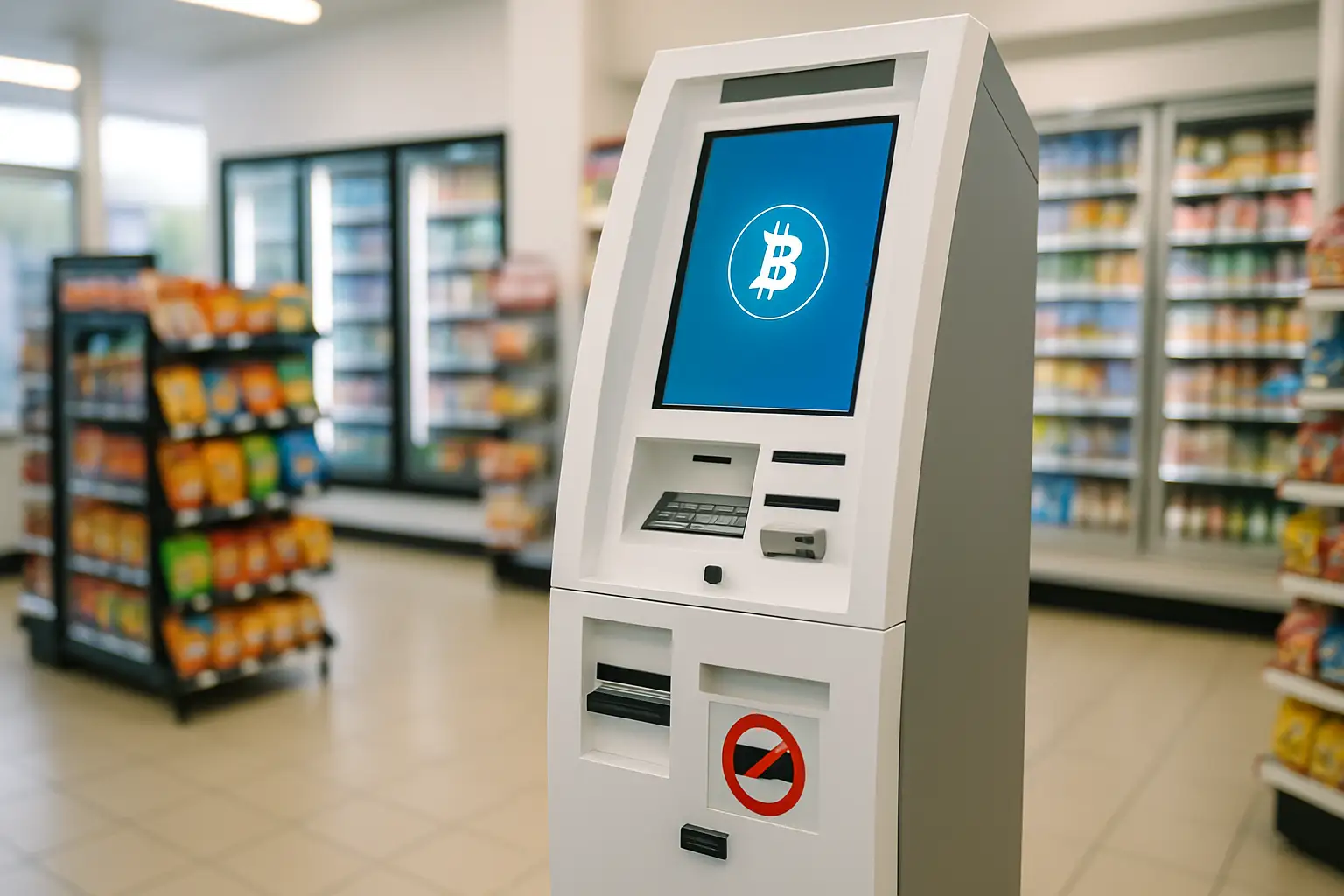 A cryptocurrency ATM kiosk inside a retail store with a no-cash symbol overlay