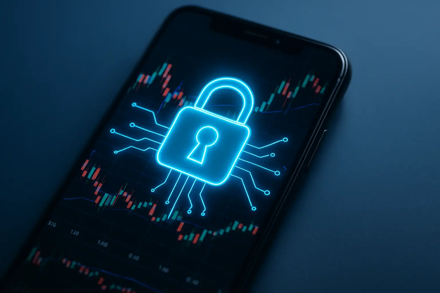 A digital security interface showing a locked shield over a smartphone with a trading platform on screen